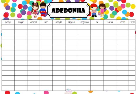 Adedonha categorias  The game consists of writing down words that start with a particular letter within a pre-defined category
